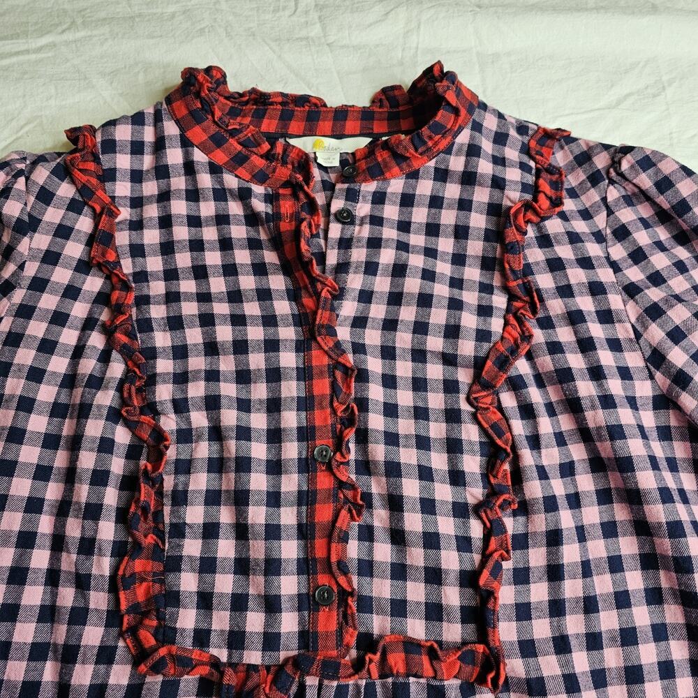 Boden Ruffle Top Isla Frill Long Sleeve Pink Red Plaid Color Block Half Button - Picture 7 of 9